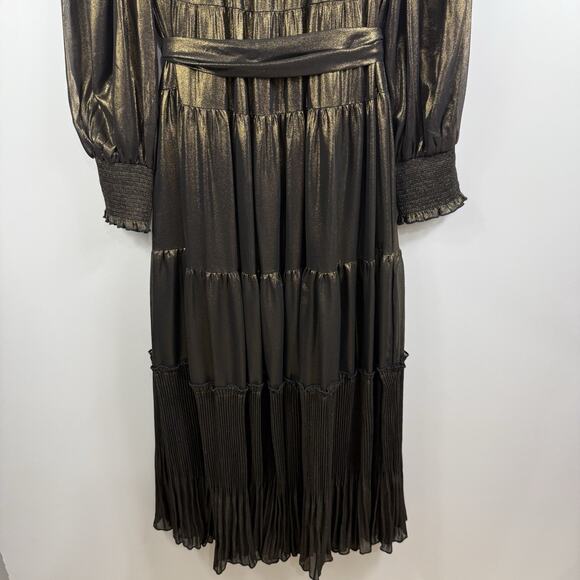 Alex Marie Gold Metallic High Neck Maxi Dress Size 10 Smocked Tiered Castlecore - Picture 4 of 16